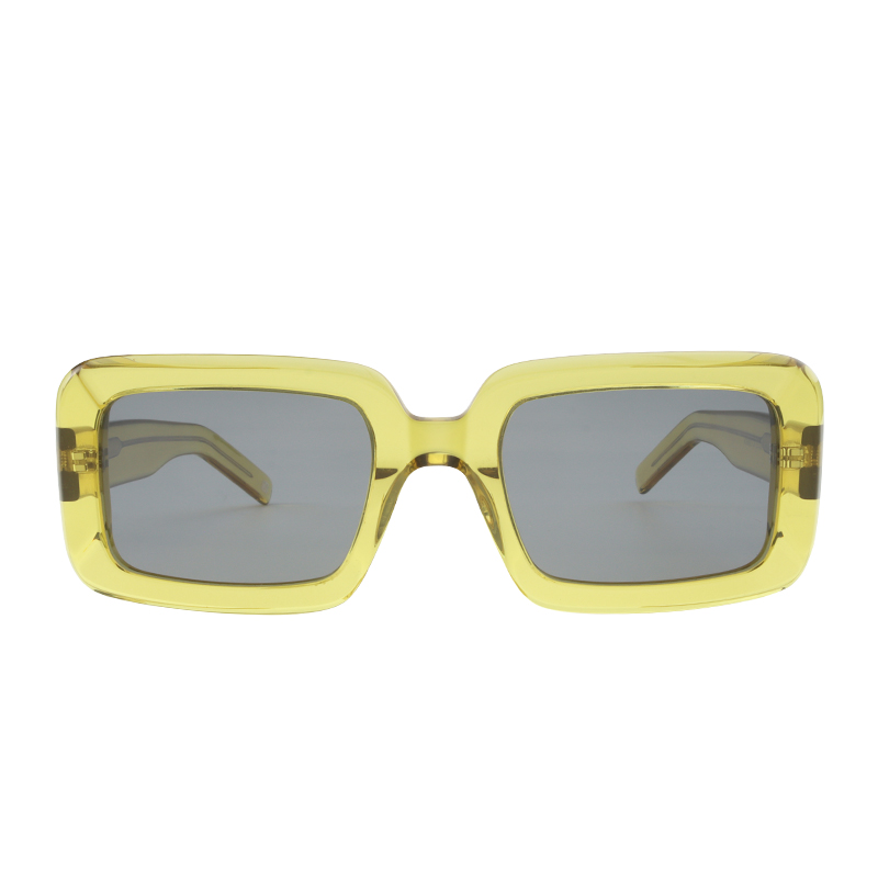 Transparent yellow, acetate, bold frame and temples, with light smoke polarized lenses, for 100% UV protection
