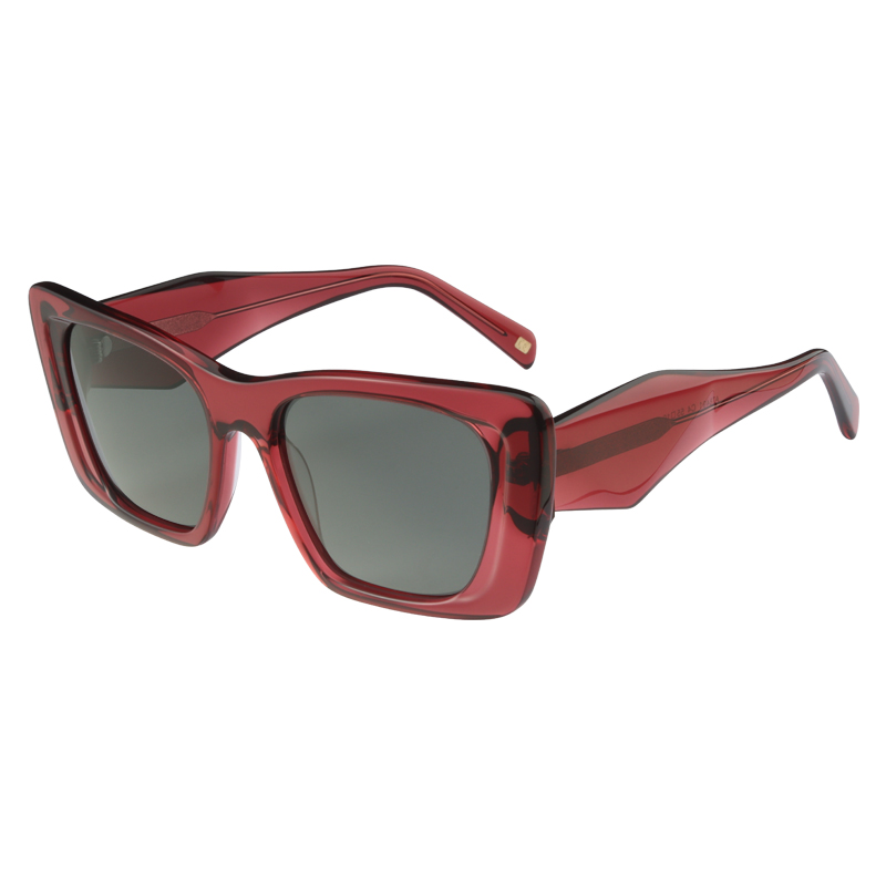 Transparent red, acetate, bold frame and temples, with smoke color polarized lenses, for 100% UV protection