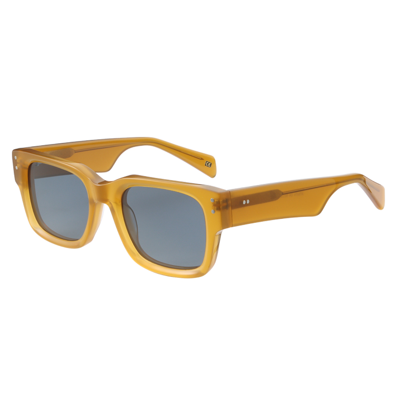 Transparent yellow, acetate, frame and temples, with bluish grey color polarized lenses, for 100% UV protection