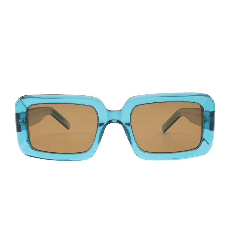 Transparent blue, acetate, bold frame and temples, with light brown polarized lenses, for 100% UV protection