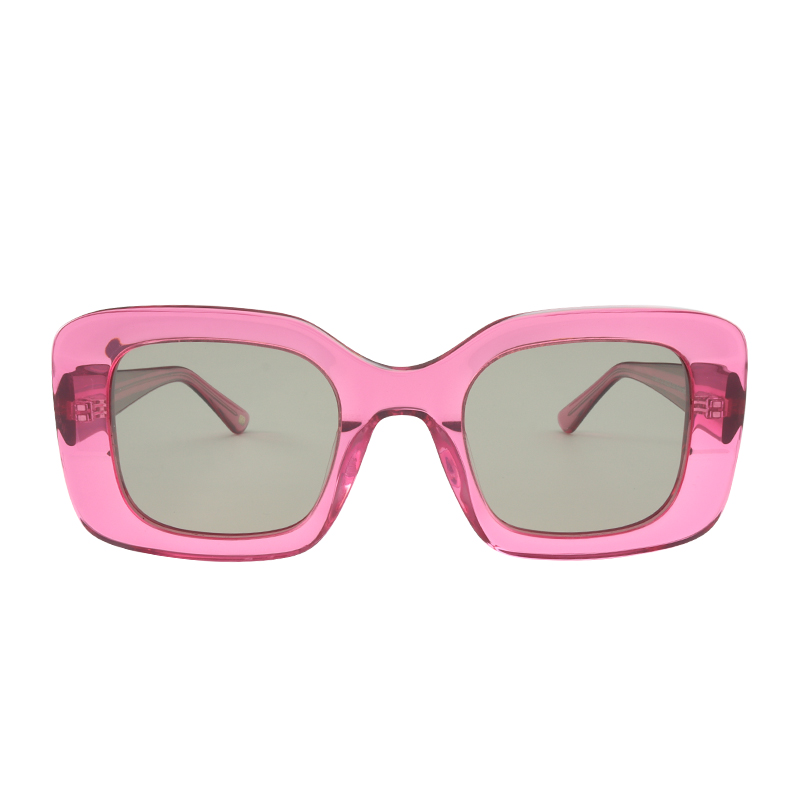Transparent pink, acetate, bold frame and temples, with light green polarized lenses, for 100% UV protection
