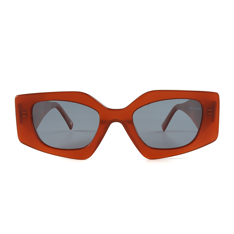 Transparent dark orange, acetate, bold frame and temples, with light blue color polarized lenses, for 100% UV protection