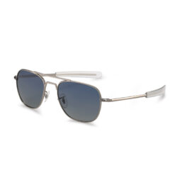 Men's, silver metallic frame and temples, with gradient blue polarized lenses, for 100% UV protection