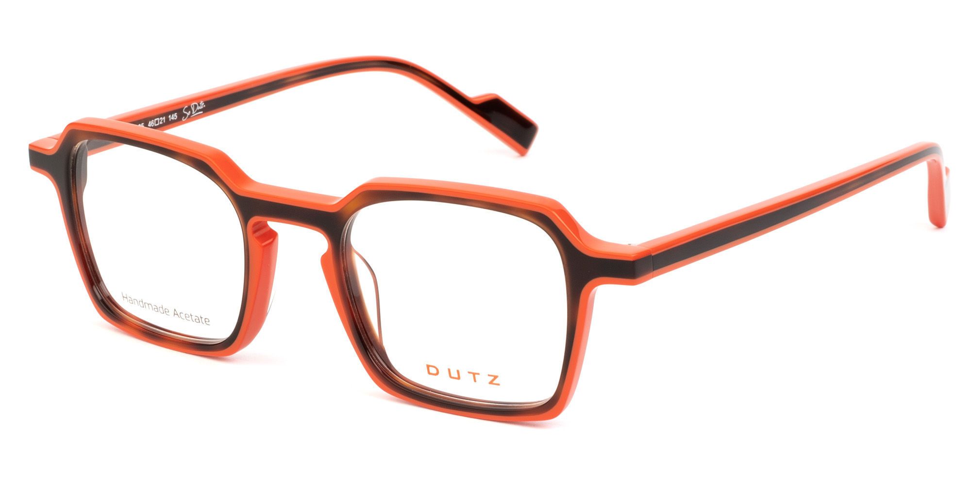 Bi-color, orange combined with brown, acetate frame and matching color temples