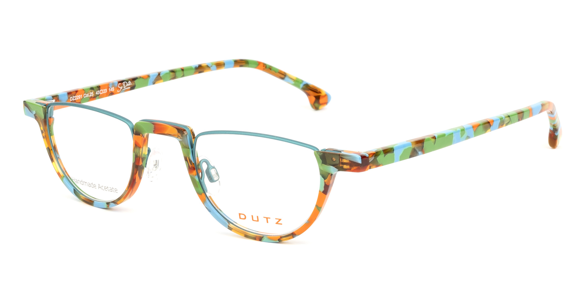 Aqua blue metal, combined with orange-green based multicolor acetate frame. Assorted color acetate temples