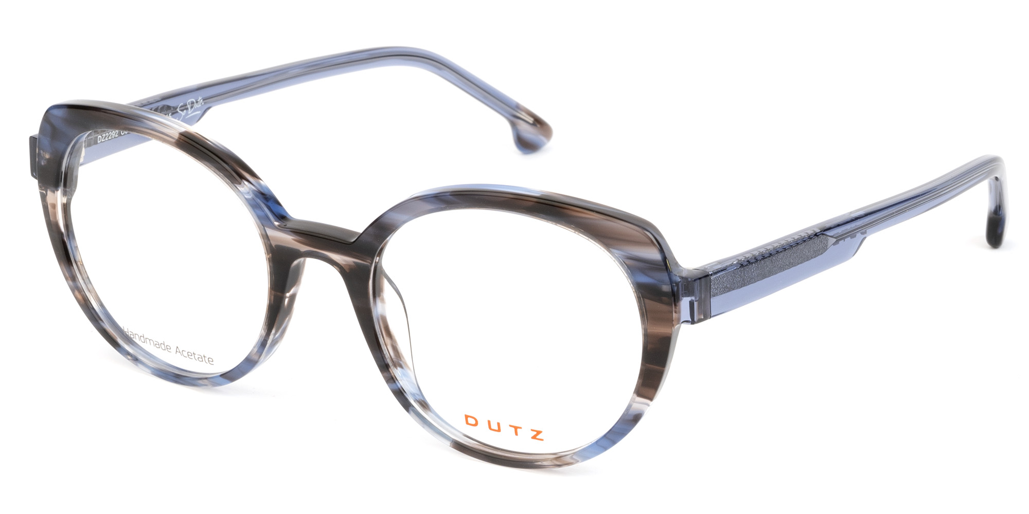 Ladies, bi-color, blue combined with brown, transparent acetate frame, with matching color temples
