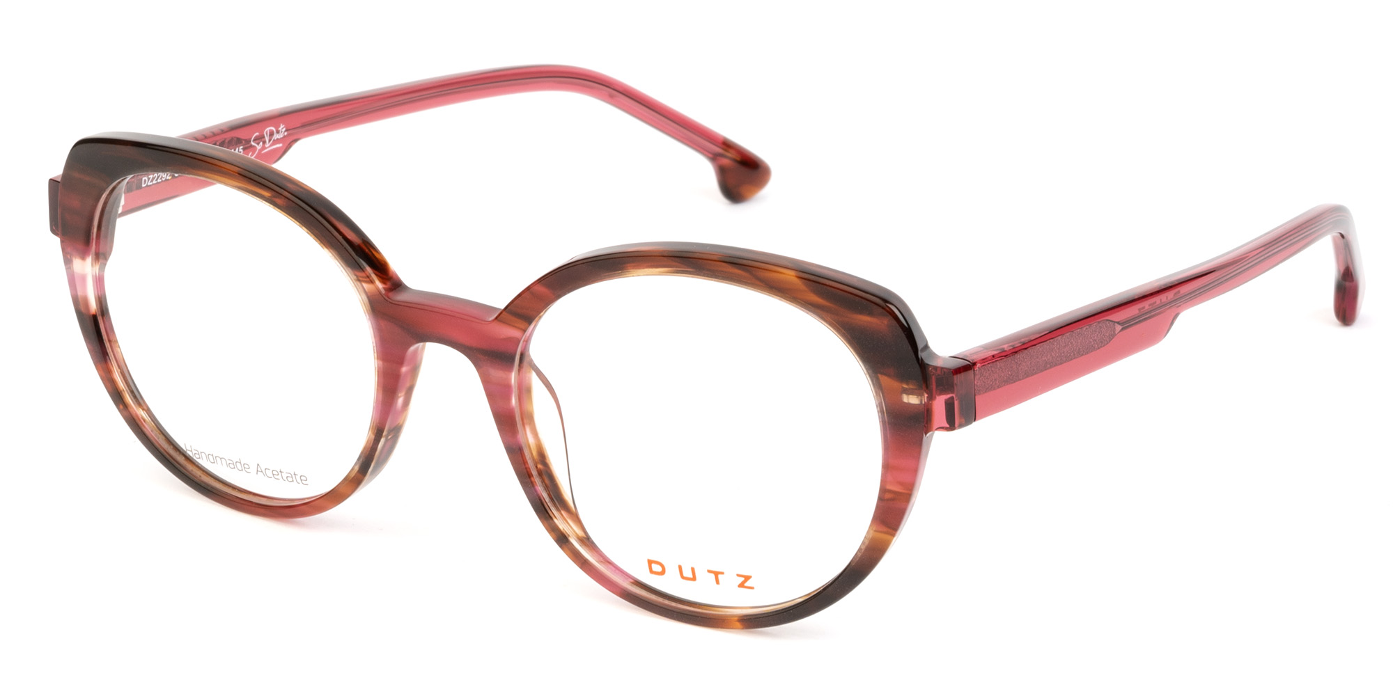 Ladies, bi-color, pink combined with brown, transparent acetate frame, with matching color temples