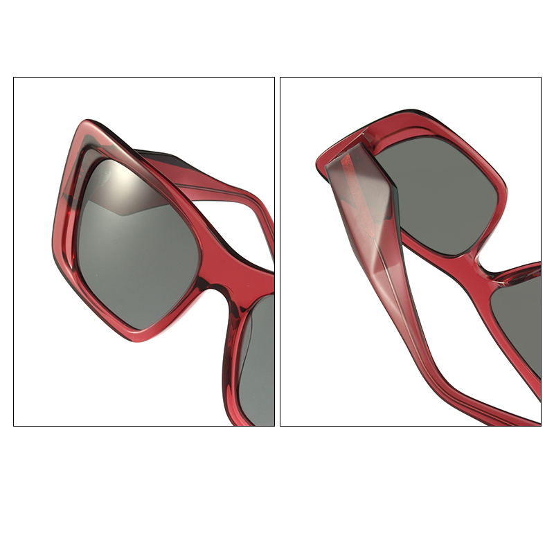 Transparent red, acetate, bold frame and temples, with smoke color polarized lenses, for 100% UV protection
