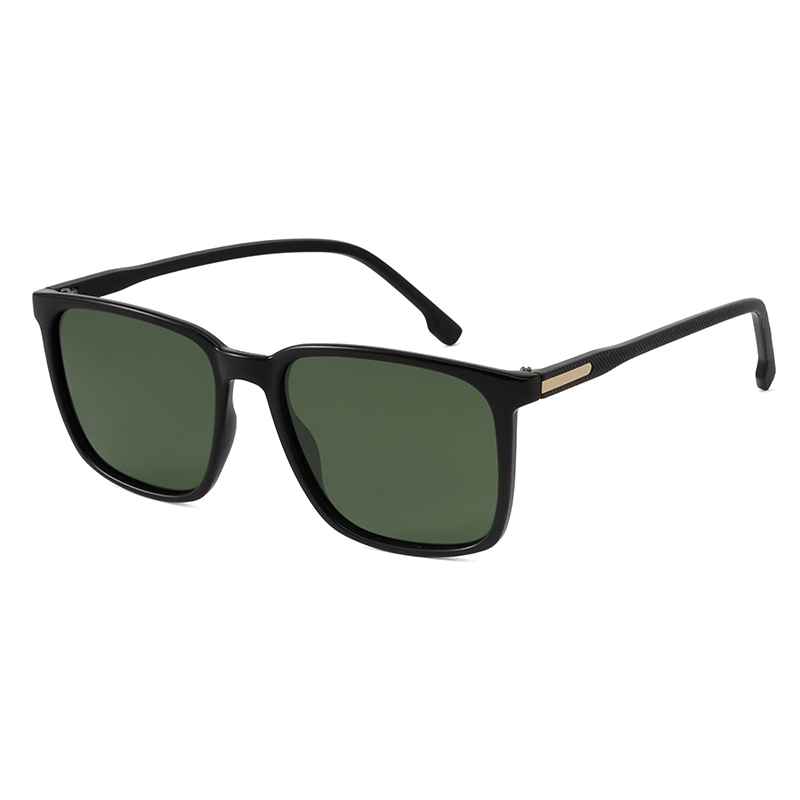 Men's, shiny black frame and temples with side metallic detail. G15 polarized lenses for 100% UV protection