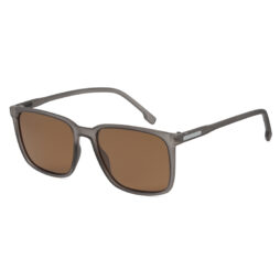 Men's, transparent grey frame and temples with side metallic detail. Brown polarized lenses for 100% UV protection