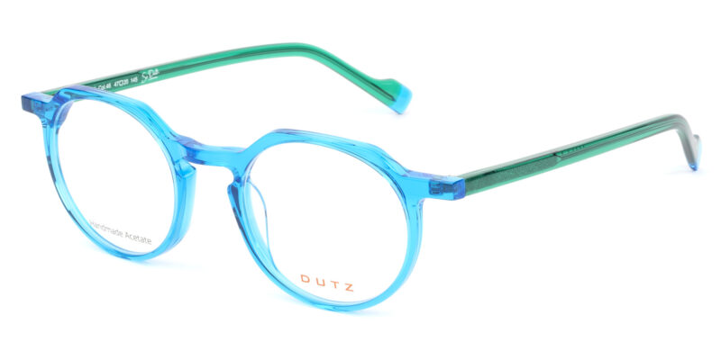 Unisex, geometrical, crystal blue acetate frame, with green contrast color temples and blue tips