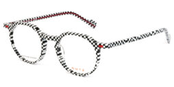 Unisex, geometrical, black & white check acetate frame and temples, with red details