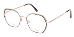 Feminine, tricolor, green-aubergine-gold, metallic frame and temples, with matching color acetate temple tips
