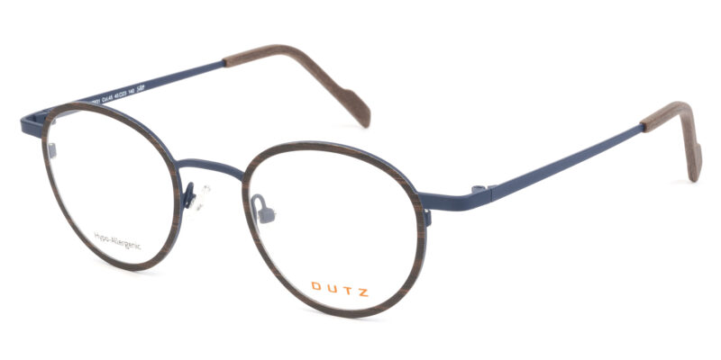 Unisex, bi-color, blue combined with wood print, metallic frame and temples. Matching color acetate temple tips