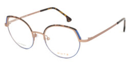 Elegant, rose gold metallic frame and temples, with blue and havana pattern details .Brown tartaruga acetate temple tips
