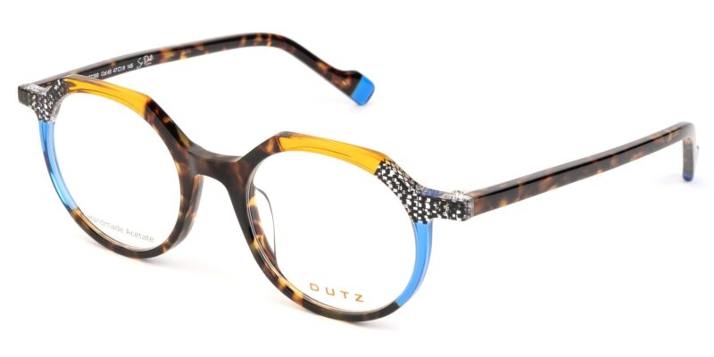 Trendy, multicolor, brown-blue-yellow based acetate frame, with matching color temples