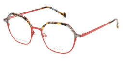 Bright red metallic frame and temples, combined with a black & white top front, acetate, contrasting detail and assorted temple tips
