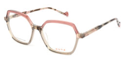 Ladies, geometrical, crystal pink-taupe, acetate frame, with brown tartaruga contrast color temples and pink tips