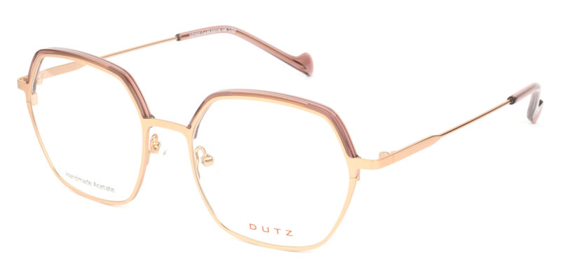 Gold tone metallic frame and temples, combined with contrast color soft pink acetate detail on front and on the temple tips