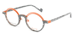 Orange metallic detail on front, combined with black & white pattern acetate frame and temples