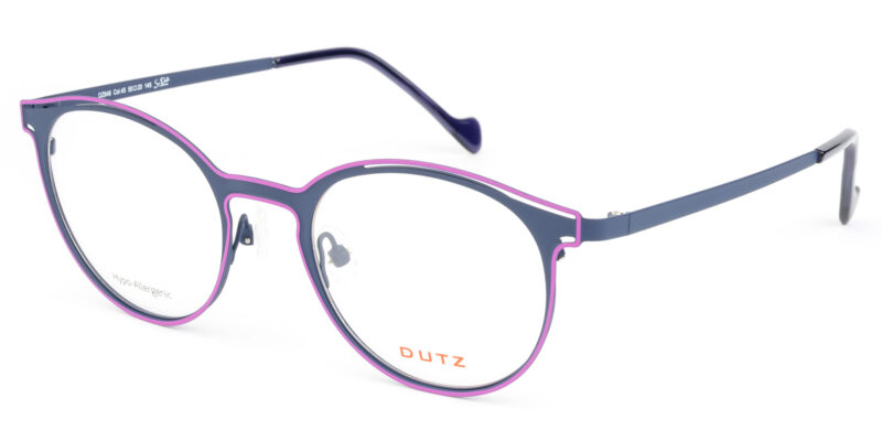 Elegant, bi-color, blue combined with pink, metallic frame and temples. Matching color acetate temple tips