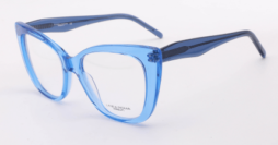 An oversized, feminine, transparent blue frame, with matching color temples