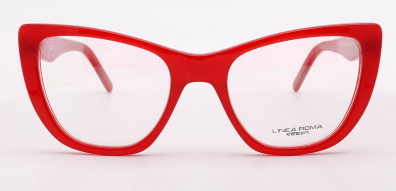 An oversized, feminine, red frame, with matching color temples