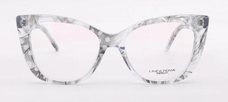 Elegant, transparent acetate frame and temples, decorated with grey ostrich feather pattern