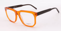 An oversized, man's, transparent orange frame, with contrast color dark brown temples