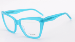 An oversized, feminine, bright turquoise frame, with matching color temples