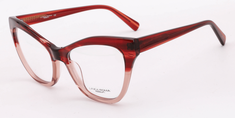 An oversized, bi-color, wine red combined with pink frame and matching color temples