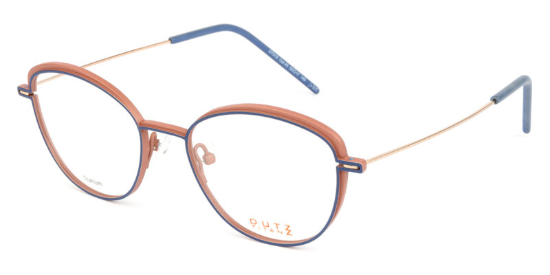 Female, cat-eye, blue-nude titanium, optical frame with gold temples and blue acetate temple tips