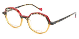 Women's, geometrical, red combined with crystal brown, acetate frame; brown tartaruga contrast color temples and front details