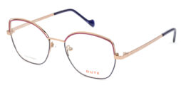 Elegant, bi-color, gold metallic frame and temples with blue and dark pink front details.