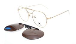 Men's shiny gold metallic frame with crystal transparent acetate temples and rimless clip on with brown polarized lenses