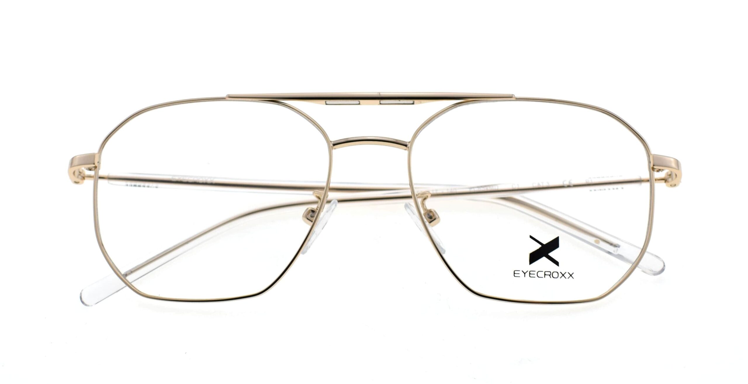 Men's shiny gold metallic frame with crystal transparent acetate temples and rimless clip on with brown polarized lenses