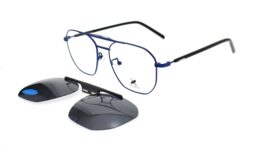 Men's shiny blue metallic frame with black acetate temples and rimless clip on with smoke polarized lenses