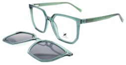 Unisex, shiny crystal green frame and temples with assorted green clip on and smoke grey polarized lenses