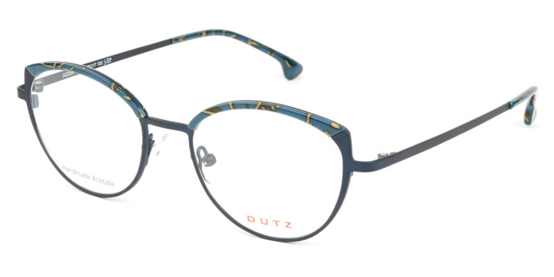 Blue metallic frame and temples, combined with matching multicolor, acetate top front and assorted temple tips