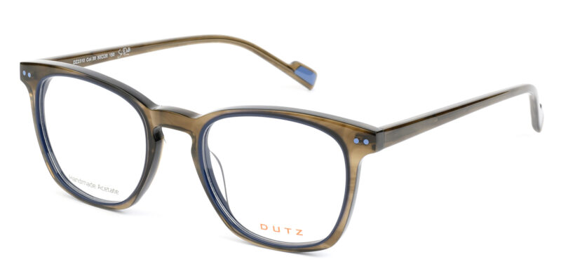 Bi-color, brown combined with blue details, acetate frame and matching color temples