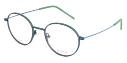 Unisex, round, blue-green titanium optical frame with light blue color temples and green acetate temple tips
