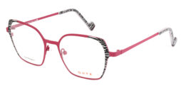 Lady's, pink based, metallic frame and temples, enhanced by a black & white zebra pattern on the front and on the acetate tips