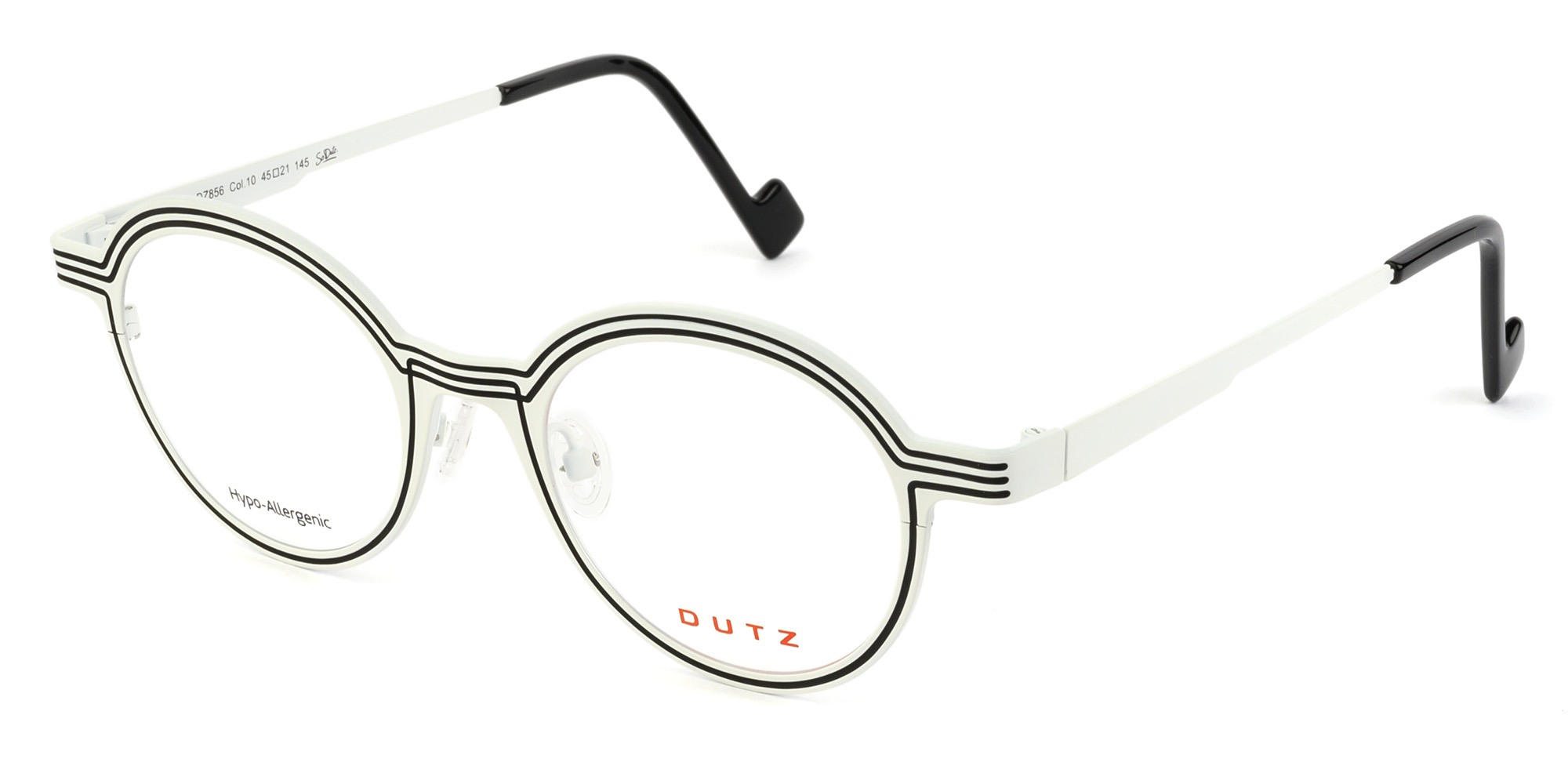A trendy, bi-color, white combined with black, metallic frame and temples and black acetate temple tips