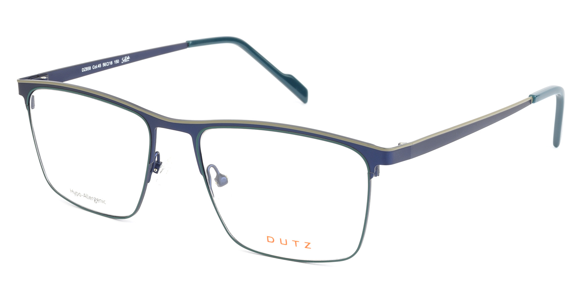 Wide, rectangular, blue & petrol combined with grey, metallic frame and temples and petrol blue acetate temple tips