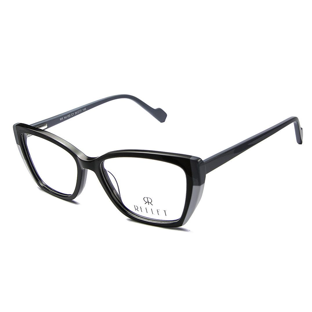 An elegant, shiny black full frame, with white and grey side details and matching grey temples