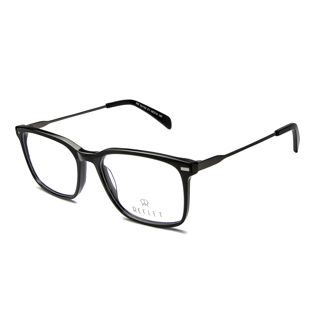 A slim, shiny black acetate full frame, with silver mat gun color metallic temples and black acetate tips