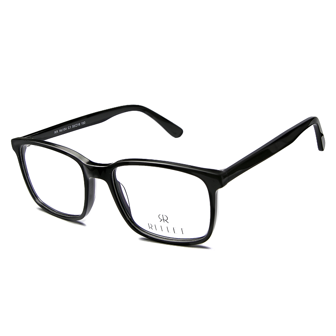 A unisex, slim, shiny black , acetate full frame and temples