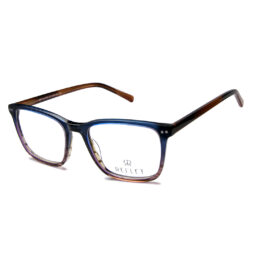 A unisex, shiny blue combined with brown, acetate full frame with brown color temples