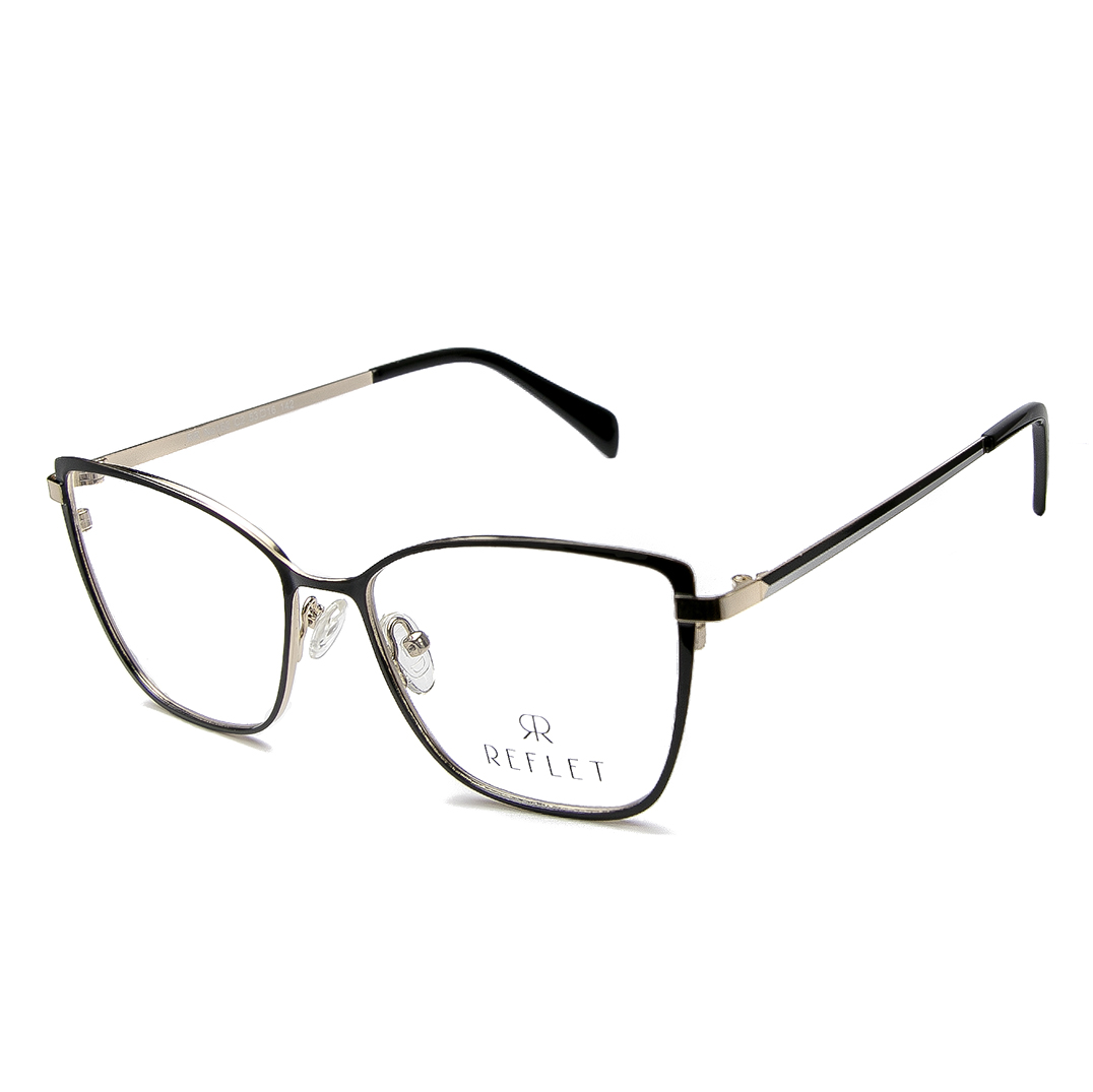 An elegant, shiny black & gold, metallic full frame with black and white color temples and black acetate tips
