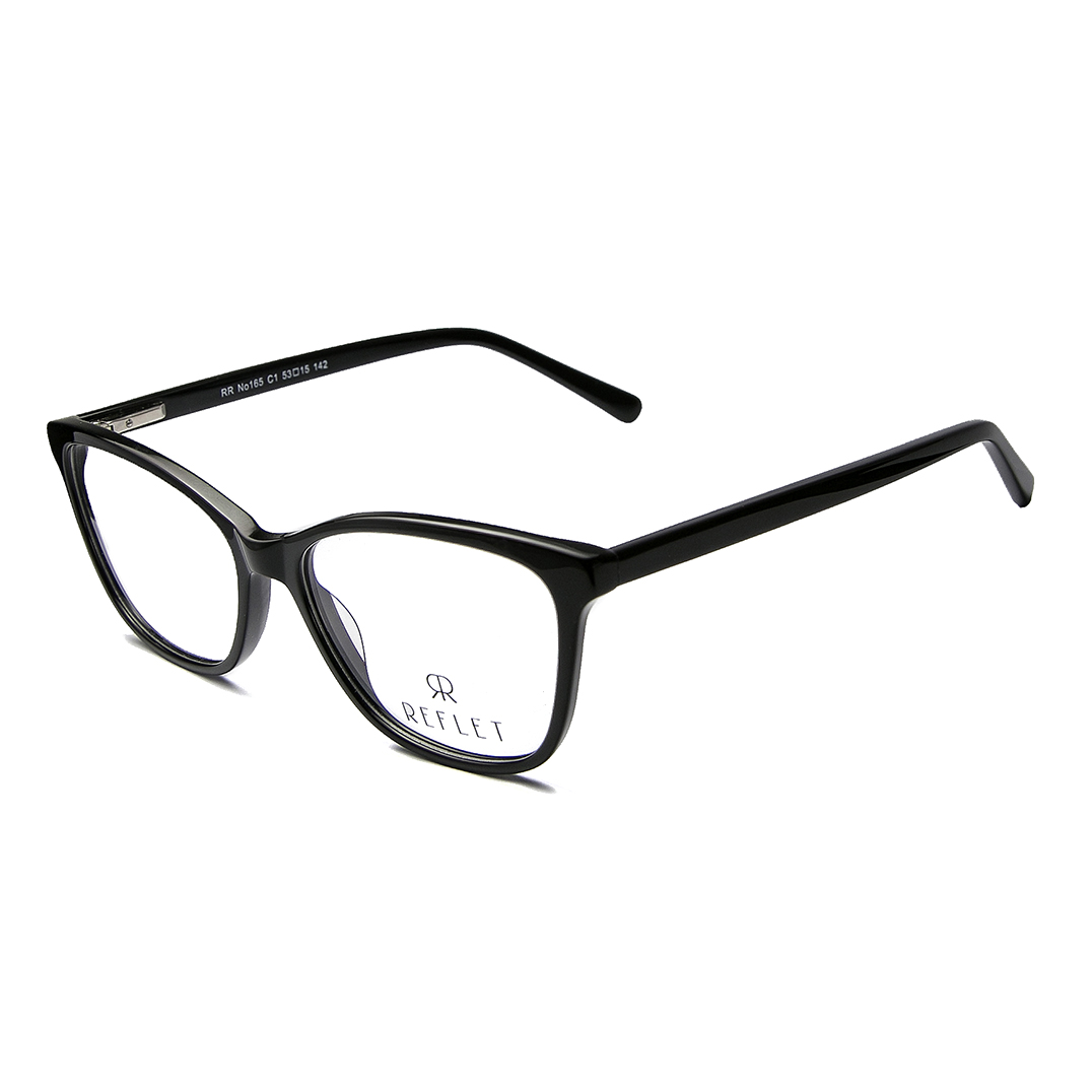 Lady's, slightly cat-eye, shiny black full frame, with assorted color temples